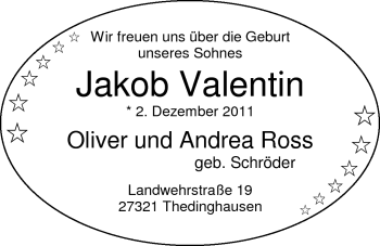 Babyanzeige von Jakib Valentin  von Nordwest-Zeitung