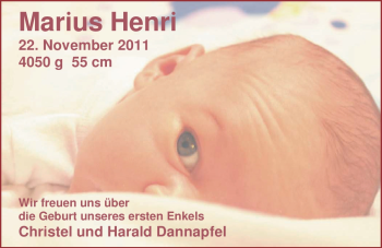 Babyanzeige von Marius Henri Dannapfel von Nordwest-Zeitung
