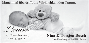 Babyanzeige von Louisa Busch von Nordwest-Zeitung