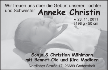 Babyanzeige von Anneke Christin Mählmann von Nordwest-Zeitung