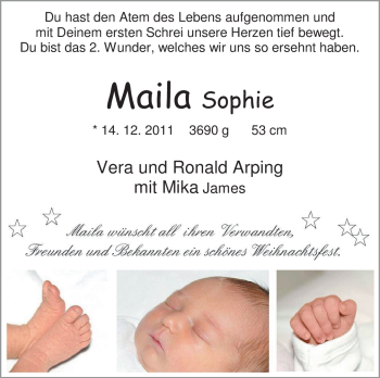 Babyanzeige von Maila Sophie Arping von Nordwest-Zeitung