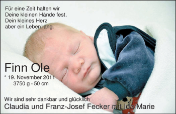 Babyanzeige von Finn Ole Fecker von Nordwest-Zeitung