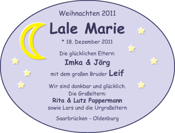 Babyanzeige von Lale Marie  von Nordwest-Zeitung