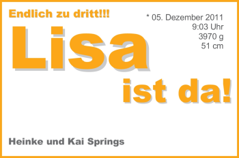 Babyanzeige von Lisa Springs von Nordwest-Zeitung