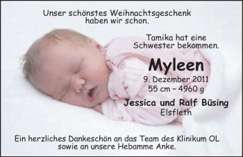 Babyanzeige von Myleen Büsing von Nordwest-Zeitung