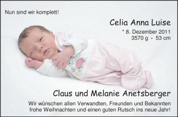 Babyanzeige von Celia Anna Luise Anetsberger von Nordwest-Zeitung