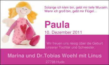 Babyanzeige von Paula Woehl von Nordwest-Zeitung
