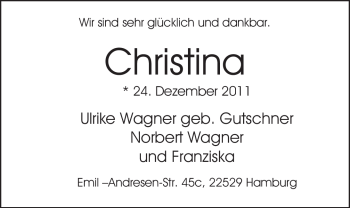 Babyanzeige von Christina Wagner von Nordwest-Zeitung