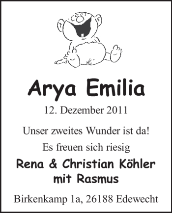 Babyanzeige von Arya Emilia Köhler von Nordwest-Zeitung