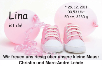 Babyanzeige von Lina Lehde von Nordwest-Zeitung