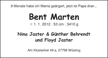 Babyanzeige von Bent Marten  von Nordwest-Zeitung