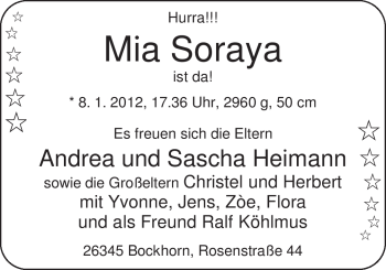 Babyanzeige von Mia Soraya Heimann von Nordwest-Zeitung