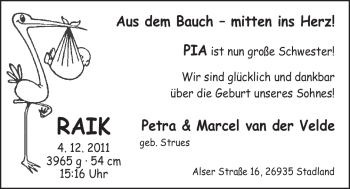Babyanzeige von Raik van der velde von Nordwest-Zeitung
