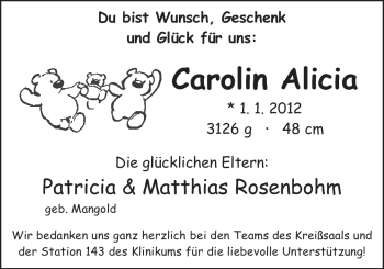 Babyanzeige von Carolin Alicia  von Nordwest-Zeitung