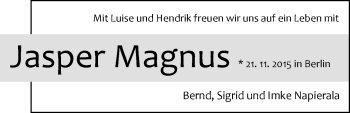 Babyanzeige von Jasper Magnus  von Nordwest-Zeitung