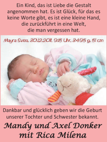 Babyanzeige von Mayra Svea  von Nordwest-Zeitung