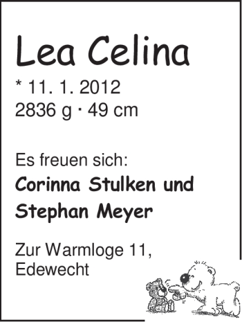 Babyanzeige von Lea Celina  von Nordwest-Zeitung