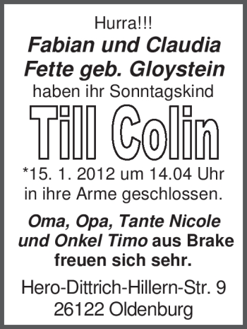 Babyanzeige von Till Colin Fette von Nordwest-Zeitung