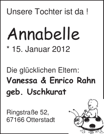 Babyanzeige von Annabelle Rahn von Nordwest-Zeitung