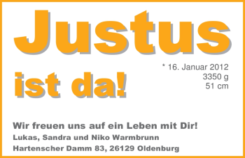 Babyanzeige von Justus Warmbrunn von Nordwest-Zeitung