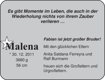 Babyanzeige von Malena  von Nordwest-Zeitung