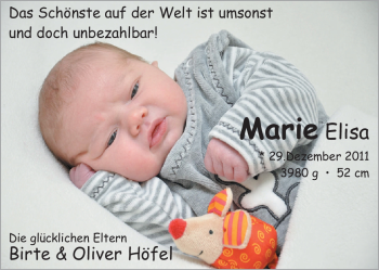 Babyanzeige von Marie Elisa Höfel von Nordwest-Zeitung