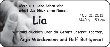 Babyanzeige von Lia  von Nordwest-Zeitung