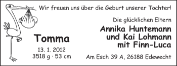 Babyanzeige von Tomma  von Nordwest-Zeitung