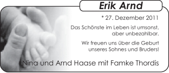 Babyanzeige von Erik Arnd Haase von Nordwest-Zeitung