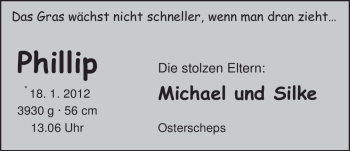 Babyanzeige von Phillip  von Nordwest-Zeitung