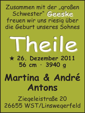 Babyanzeige von Theile Antons von Nordwest-Zeitung