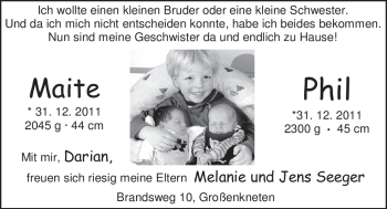 Babyanzeige von Maite und Phil Seeger von Nordwest-Zeitung