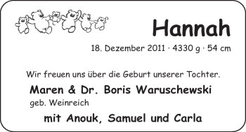 Babyanzeige von Hannah  von Nordwest-Zeitung