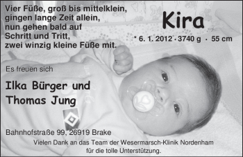 Babyanzeige von Kira Jung von Nordwest-Zeitung