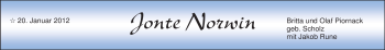 Babyanzeige von Jonte Norwin  von Nordwest-Zeitung