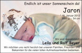 Babyanzeige von Jaron Beyer von Nordwest-Zeitung