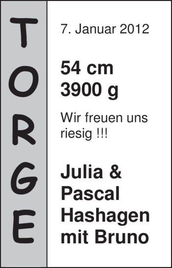 Babyanzeige von Torge  von Nordwest-Zeitung