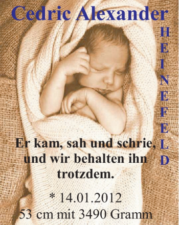 Babyanzeige von Cedric Alexander Heinefeld von Nordwest-Zeitung