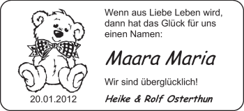 Babyanzeige von Maara Maria Osterthun von Nordwest-Zeitung