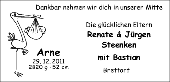 Babyanzeige von Arne Steenken von Nordwest-Zeitung