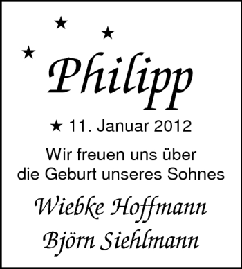 Babyanzeige von Philipp Siehlmann von Nordwest-Zeitung