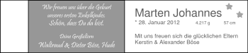 Babyanzeige von Marten Johannes  von Nordwest-Zeitung