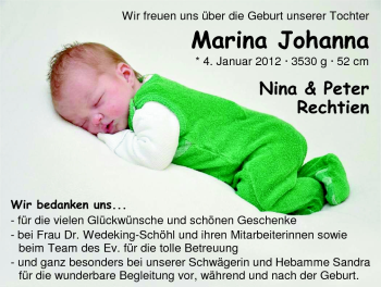 Babyanzeige von Marina Johanna  von Nordwest-Zeitung