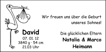 Babyanzeige von David  von Nordwest-Zeitung