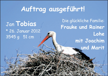 Babyanzeige von Jan Tobias Lohe von Nordwest-Zeitung