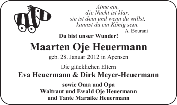 Babyanzeige von Maarten Oje Heuermann von Nordwest-Zeitung