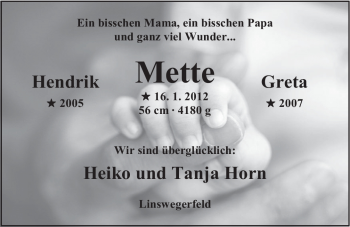 Babyanzeige von Mette Horn von Nordwest-Zeitung