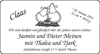 Babyanzeige von Claas  von Nordwest-Zeitung