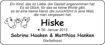 Babyanzeige von Hiske  von Nordwest-Zeitung