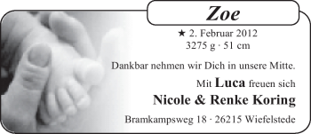 Babyanzeige von Zoe  von Nordwest-Zeitung